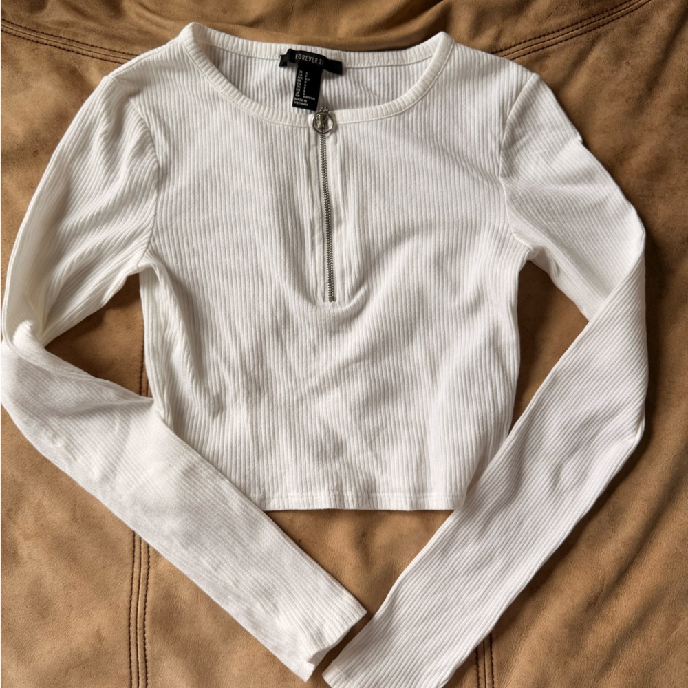 Forever 21 White Ribbed Crew Neck Quarter Zip Top